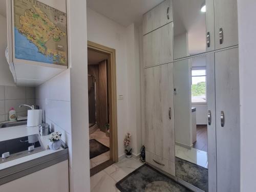 a small bathroom with a sink and a shower at Victory Apartment in Nikšić