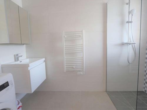 une salle de bain blanche avec douche et toilettes dans l'établissement Duplex lumineux à Bénodet: plage et thalasso à pied, terrasse, parking et abri vélo inclus - FR-1-481-117, à Bénodet