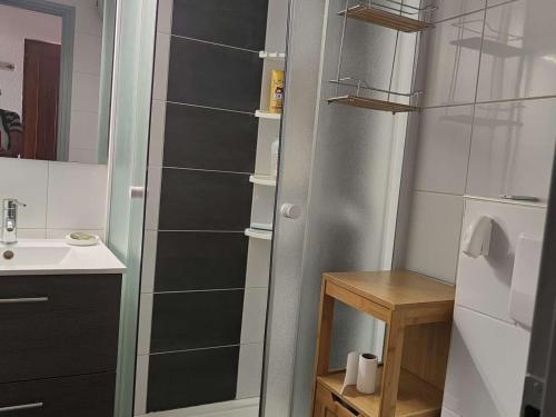 y baño pequeño con lavabo y ducha. en Appartement Le Barcarès, 2 pièces, 4 personnes - FR-1-195-90, en Le Barcarès