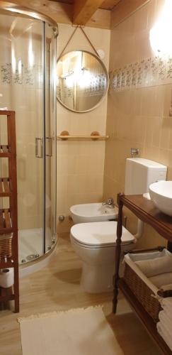 a bathroom with a toilet and a shower and a sink at Casa all’antica fontana in Sùtrio