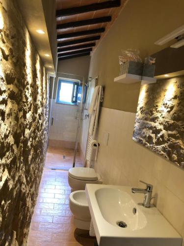 La salle de bains est pourvue de 2 toilettes et d'un lavabo. dans l'établissement Podere Soccorso casa vigneto, à Montalcino