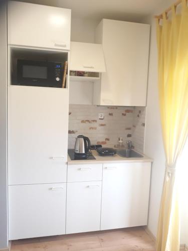 a white kitchen with a sink and a microwave at Studio Apartman ''Nicole'' in Pula