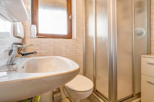 ein Bad mit einem Waschbecken, einem WC und einer Dusche in der Unterkunft Apartment Schwalbennest in Mühlbach
