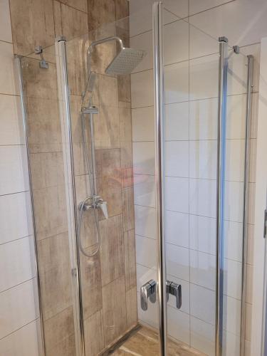 a shower with a glass door in a bathroom at Apartman centrum v súkromí Reštaurácia U Jakuba in Martin