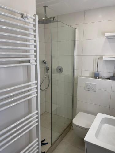 a bathroom with a shower and a toilet and a sink at FeWo Tietjen-Lohse, mit Meerblick, Strandhochhaus F9 in Cuxhaven