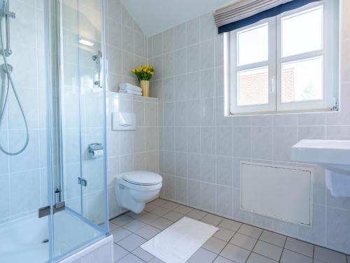 a bathroom with a shower and a toilet and a sink at Feriendorf Rugana - Klassik Appartement mit 1 Schlafzimmer A54 in Dranske