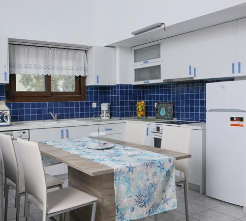 a kitchen with a table with chairs and a refrigerator at Olia Garden in Pachis