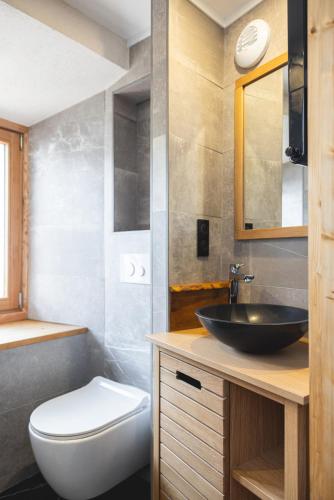 une salle de bain avec un lavabo noir et des toilettes dans l'établissement Maison de village - Les Voûtes Blanches - Serre Chevalier 1350, à Saint-Chaffrey