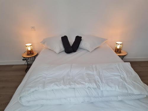 a white bed with two pillows on top of it at Ker Kiberen in Quiberon