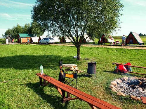 a park bench and a campfire in a field at Biebrza24 - Agroturystyka in Sztabin
