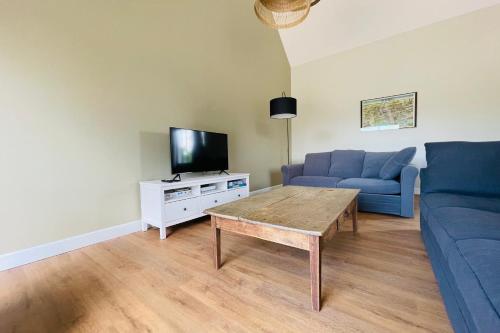 uma sala de estar com um sofá azul e uma televisão em La grange du Pigeonnier authenticity and gentleness 10 minutes from Tours em La Riche