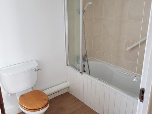 uma casa de banho com um WC, um chuveiro e uma banheira em A35 Pit Stop Rooms em Axminster