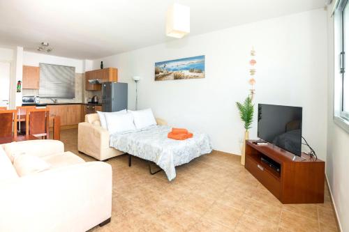 a living room with a couch and a tv at SEABREEZE APARTMENT 200m away from the sea in Paralimni
