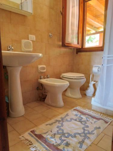 a bathroom with a sink and a toilet and a sink at Villetta Kala E Moru Sa oghe e su mare in Geremèas