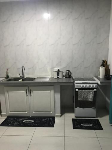 a kitchen with a sink and a stove at FOND B'OFFAY LODGE in Victoria