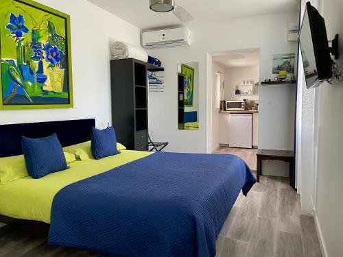 a bedroom with a blue and green bed and a kitchen at Maison d'hôtes Romarine in Le Bouscat