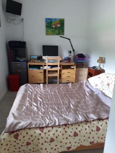 a bedroom with a bed and a desk with a computer at Les écureuils bourguignons in Montchanin