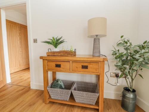 a table with a lamp and a plant in a room at Pen Bryn in Ruthin
