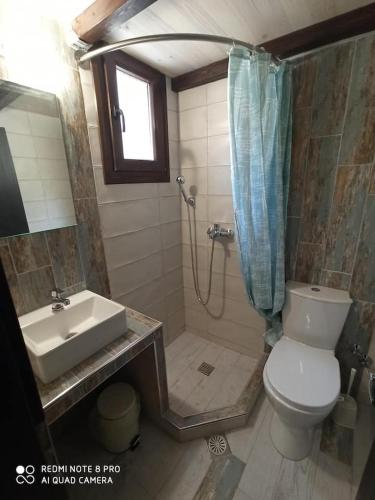 a bathroom with a toilet and a sink and a shower at Glyfada Bay Studios in Varlamaíika