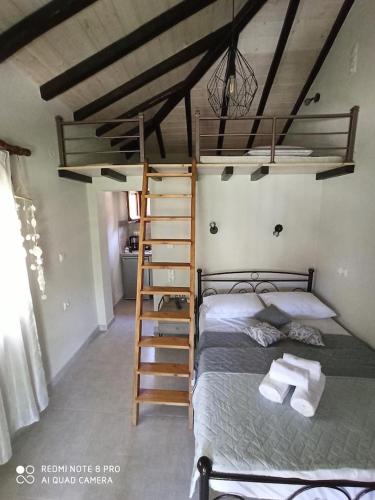 a bedroom with a bunk bed and a ladder at Glyfada Bay Studios in Varlamaíika