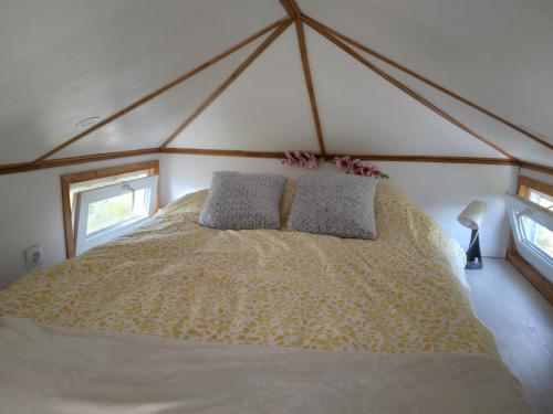 a bedroom with a large bed in a tent at Tiny House Cluj with Jacuzzi in Sînnicoară