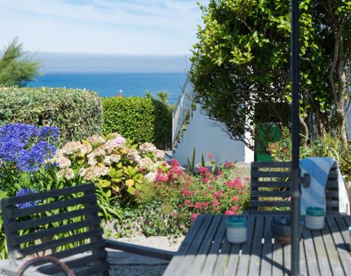 a bench sitting next to a garden with flowers at Albany in Port Isaac