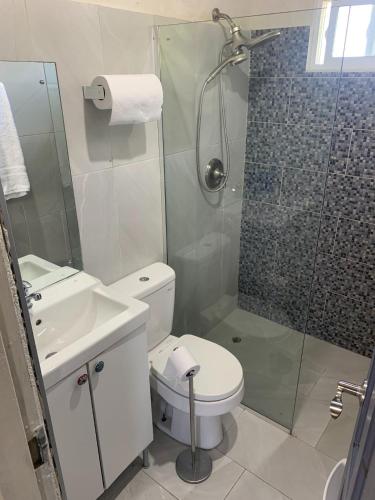 La salle de bains est pourvue d'une douche, de toilettes et d'un lavabo. dans l'établissement Pine Breeze Apartments, à Bridgetown