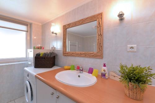 uma casa de banho com um lavatório e um espelho em Gite Géranium*** em Eguisheim