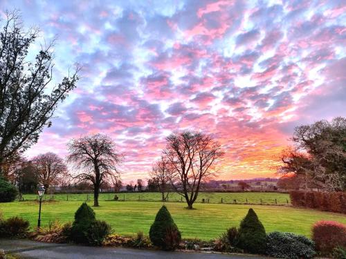 einen Sonnenuntergang auf einem Feld mit Bäumen und Gras in der Unterkunft Collaven Manor in Okehampton