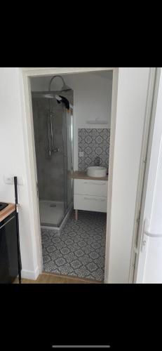 ein Bad mit einer Dusche und einem Waschbecken in der Unterkunft Lumineux studio neuf au calme in Villejuif