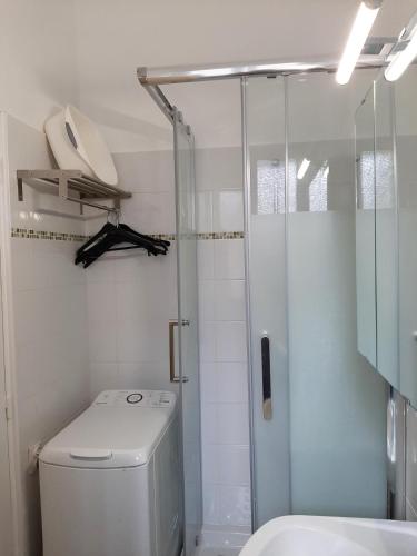 une salle de bain blanche avec douche et toilettes dans l'établissement AM STUDIO NICE, à Nice