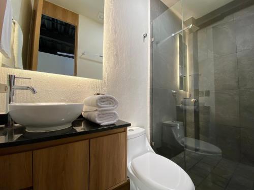 瓜達拉哈拉的住宿－Loft Doble Altura, Colonia Americana @serra，浴室配有卫生间、盥洗盆和淋浴。
