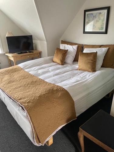 a bedroom with a large bed and a television at Sleep In Brande - Close By Herning, Legoland, Givskud Zoo in Brande