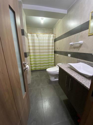 a bathroom with a toilet and a sink and a shower at Departamento Los Ángeles - Valle de Los Chillos in Sangolquí