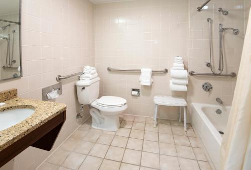 a bathroom with a toilet and a sink and a tub at Rough River Dam State Resort Park in Fentress McMahan