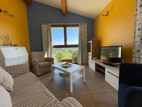 a living room with a couch and a tv at Gîtes Le Bouzet in Salavas