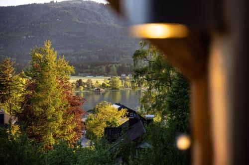 a view of a lake with trees and a mountain at residenz5360 in St. Wolfgang
