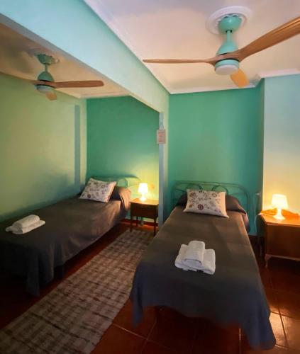 two beds in a room with green walls at Calle Nueva 12 in Cazorla