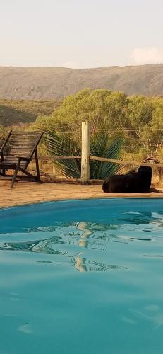a black cow laying next to a body of water at Bistrô Pousada Savacipó in Serra do Cipo