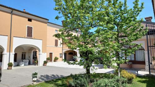 a tree in front of a building at Piccola Corte Antica in Corticelle Pieve