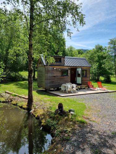 une cabane dans les bois près d'un plan d'eau dans l'établissement Insolite Tiny House Sérénité Bien Être, à Ban-sur-Meurthe-Clefcy