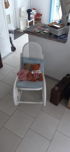 two teddy bears sitting on a chair in a kitchen at LA P'TITE MAISON in Charleroi