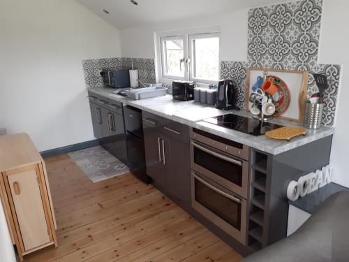 cocina con fregadero y encimera en The Coach House Annexe, en Barnstaple