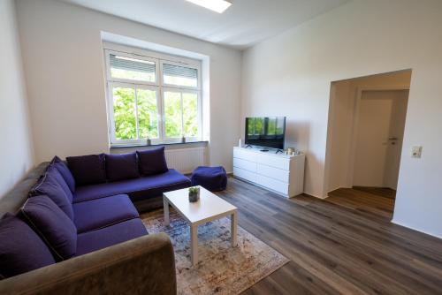 a living room with a couch and a tv at City Apartments Amstetten in Amstetten