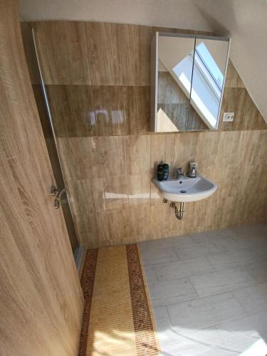a bathroom with a sink and a mirror at Fazekas Vendégház in Balatonkeresztúr