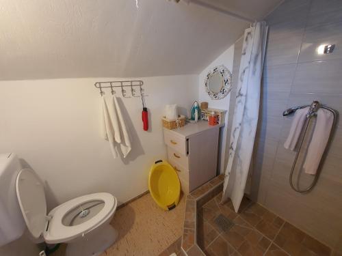 a bathroom with a toilet and a sink and a shower at Privatni smještaj Kurtalija in Jajce