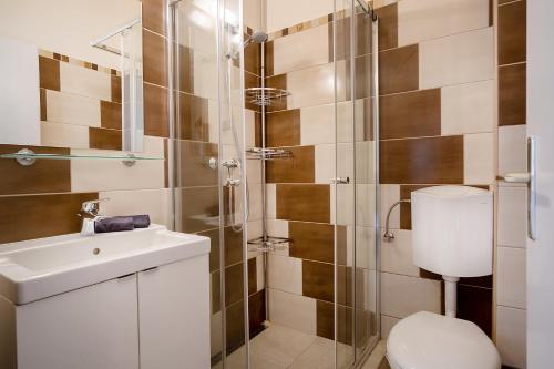 a bathroom with a shower and a toilet and a sink at Vas Villa in Siófok