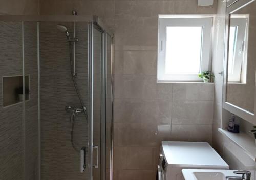 a bathroom with a shower and a sink and a window at Studio Mici in Bled