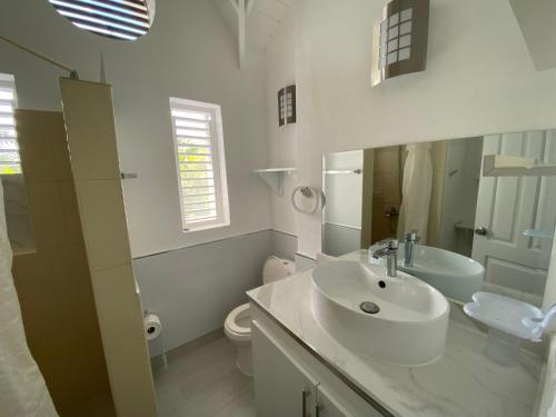 a white bathroom with a sink and a toilet at Caribbean Villa Los Lobos Ballenas Beach in Las Terrenas