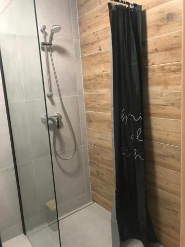 La salle de bains est pourvue d'une douche avec un rideau de douche en verre. dans l'établissement NIECH TO SZLAK B&B, à Wisła